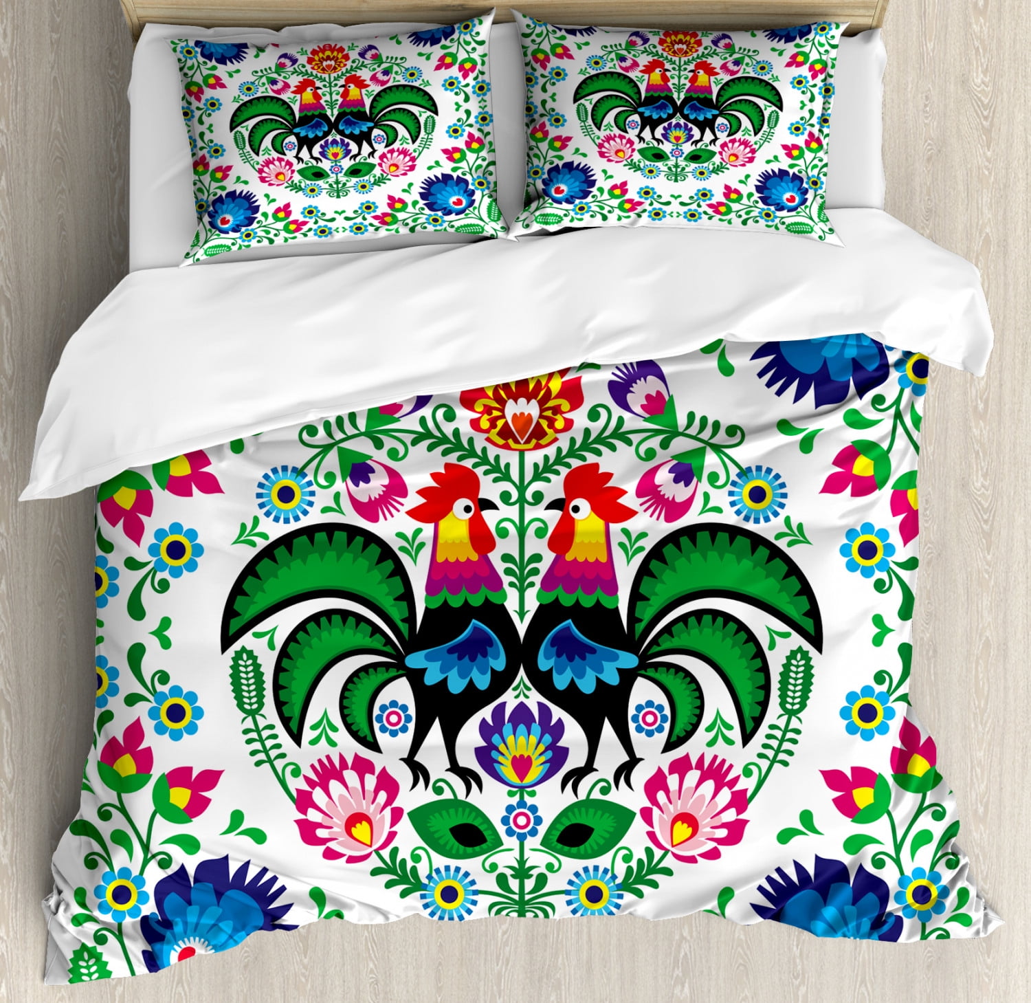 Folk Art Duvet Cover Set, Traditional Folkloric Polish Wzory Lowickie