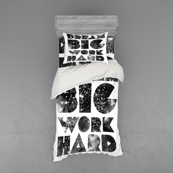 Indie Duvet Cover Set, Dream Big Work Hard Typography Design with Galaxy Outer Space Modern Words, Bedding Set with Shams and Fitted Sheet, 3 Sizes, by Ambesonne