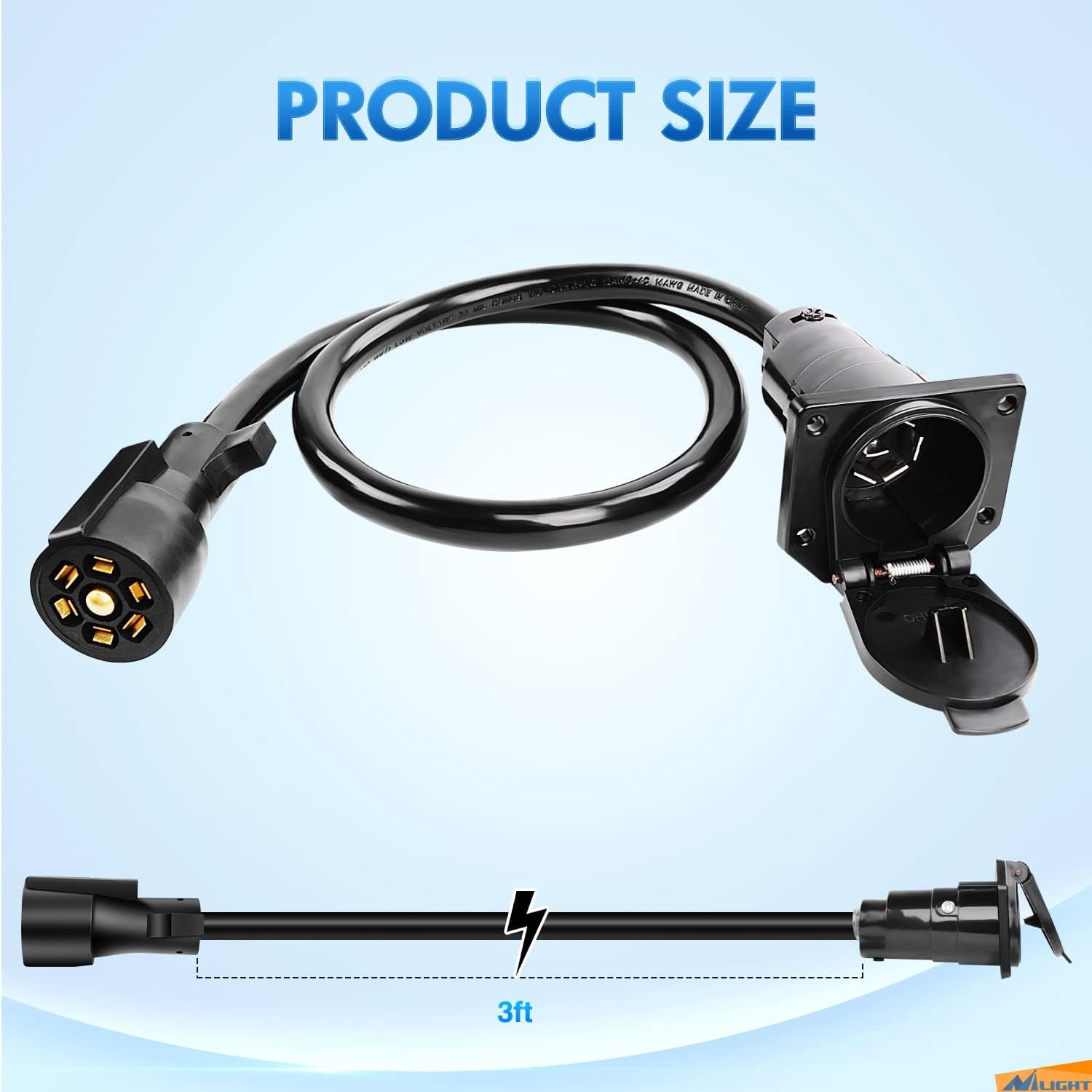 Nilight 7-Way Trailer Plug Socket Extension Cable 3FT Long 10-14 AWG Double-Prong Copper Terminals/Wires for 7-Blade Trailer Wiring Connector Cord