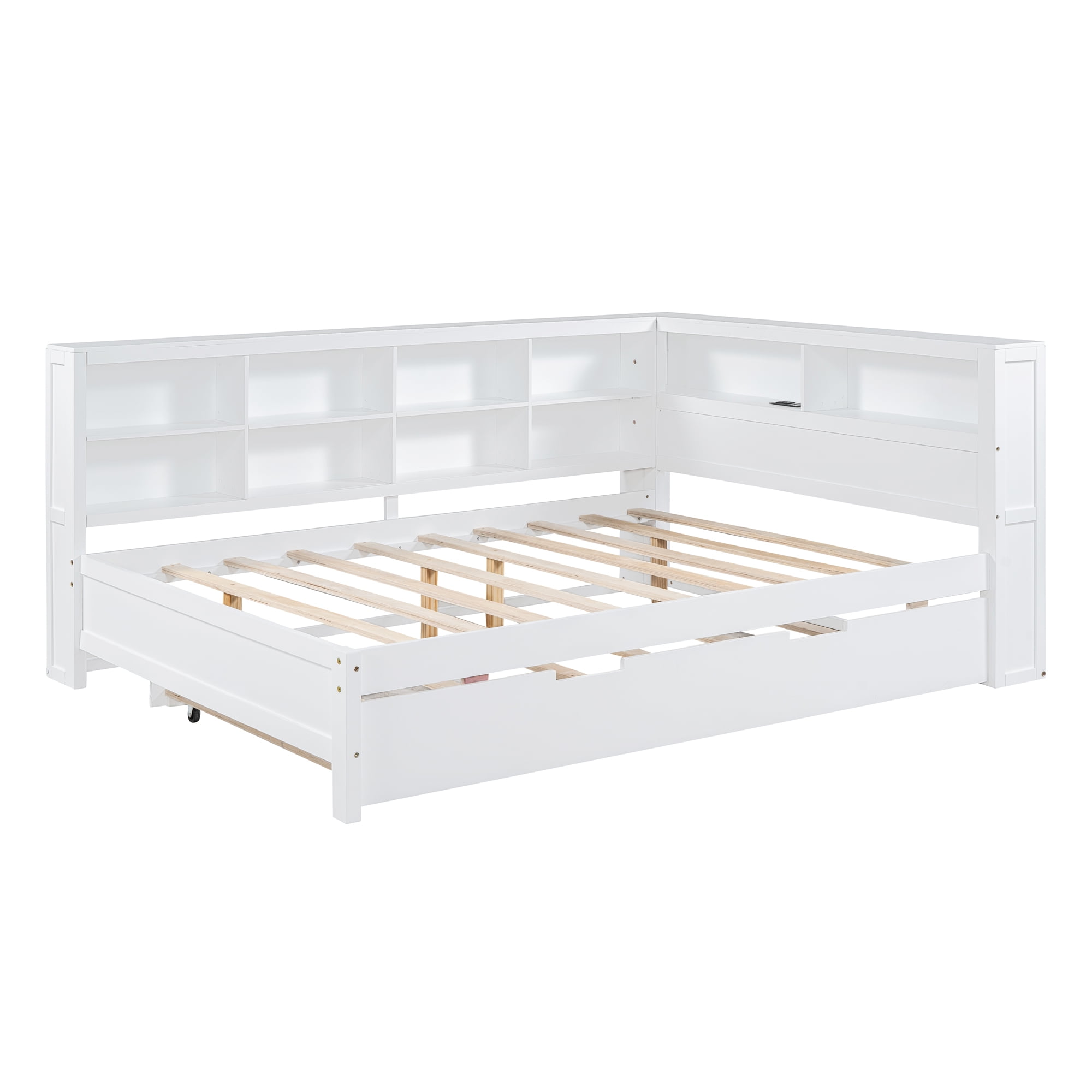 Mintazer Modern Full Daybed Frame with Twin Trundle, USB Charging Station, and Storage for Bedroom, White