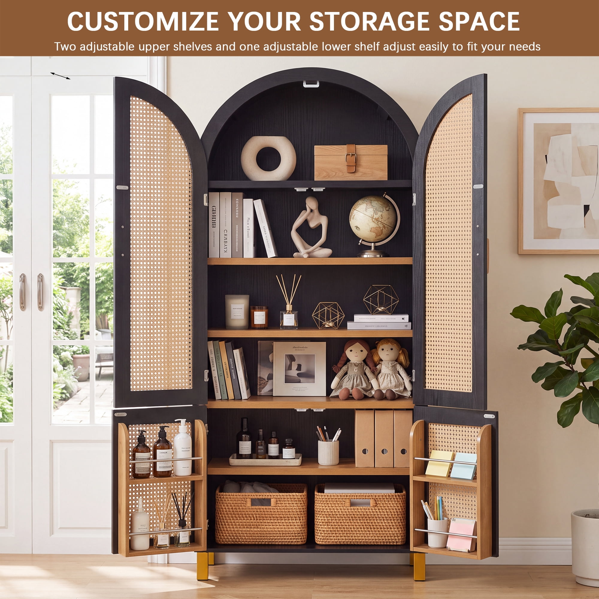 71" Tall Arched Cabinet with Rattan Doors & Adjustable Shelves,4 Doors Modern Farmhouse Storage Cabinet with Built-in Racks for Kitchen, Dining Room, Study, Black