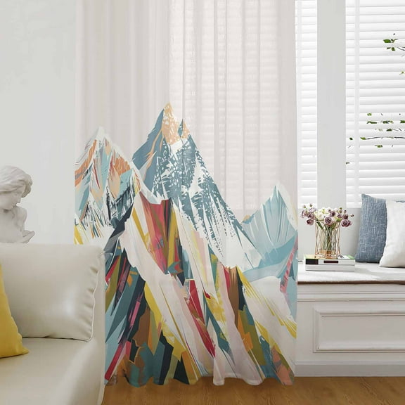 Mountains Teal Semi Sheer Curtains Drapes for Living Room,Bedroom,French Doors Window 108 Inches Long,Yellow Red Turquoise Abstract Painting Art Rod Pocket Chiffon Curtain Drapery Voile Drape Panel
