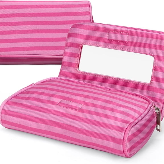 Womenβs Cute Nylon Makeup Bag with Built-in Mirror, Protable Lightweight Cosmetic Bag, Trendy Toiletry Bag for Travel (Pink Stripe)