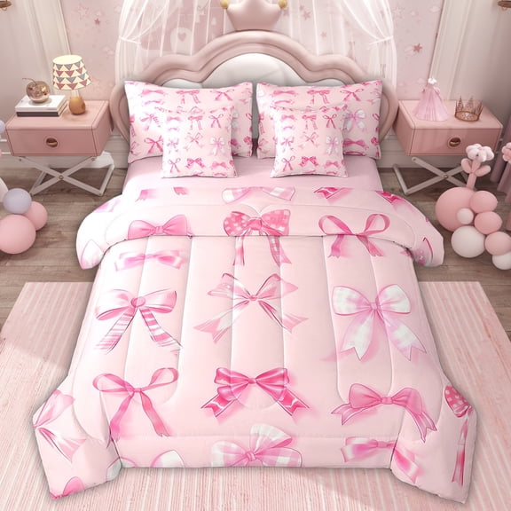 Manfei Chic Pink Bow Bedding Twin Size, Kawaii Ribbon Bedding Sets Twin Size, Princess Bowknot Reversible Comforter Sets with Sheets, Super Cozy Room Decor, 7-Piece