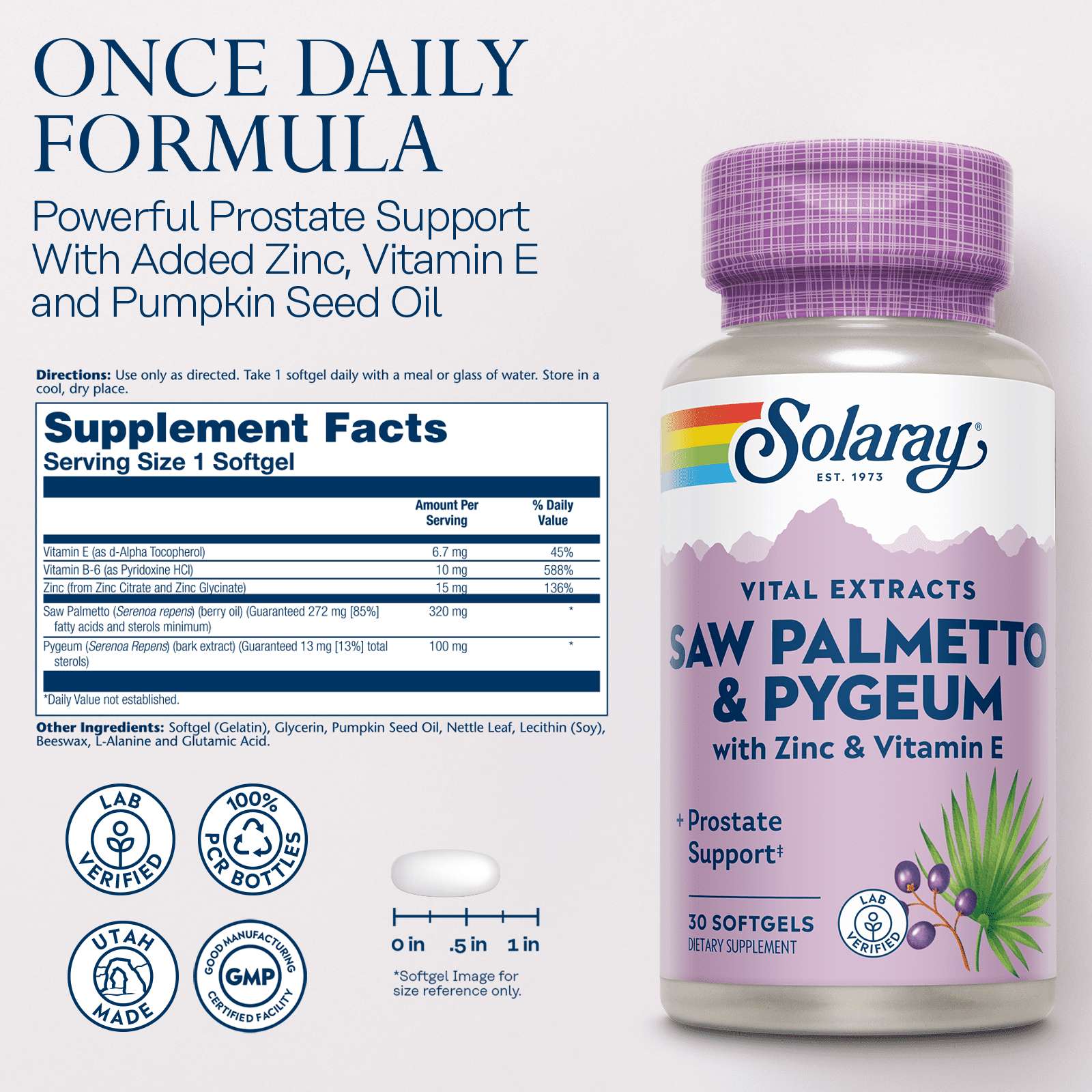 Solaray Saw Palmetto & Pygeum | Once Daily Prostate & Urinary Health Formula w/ Zinc & Vitamin E | 30 Softgels
