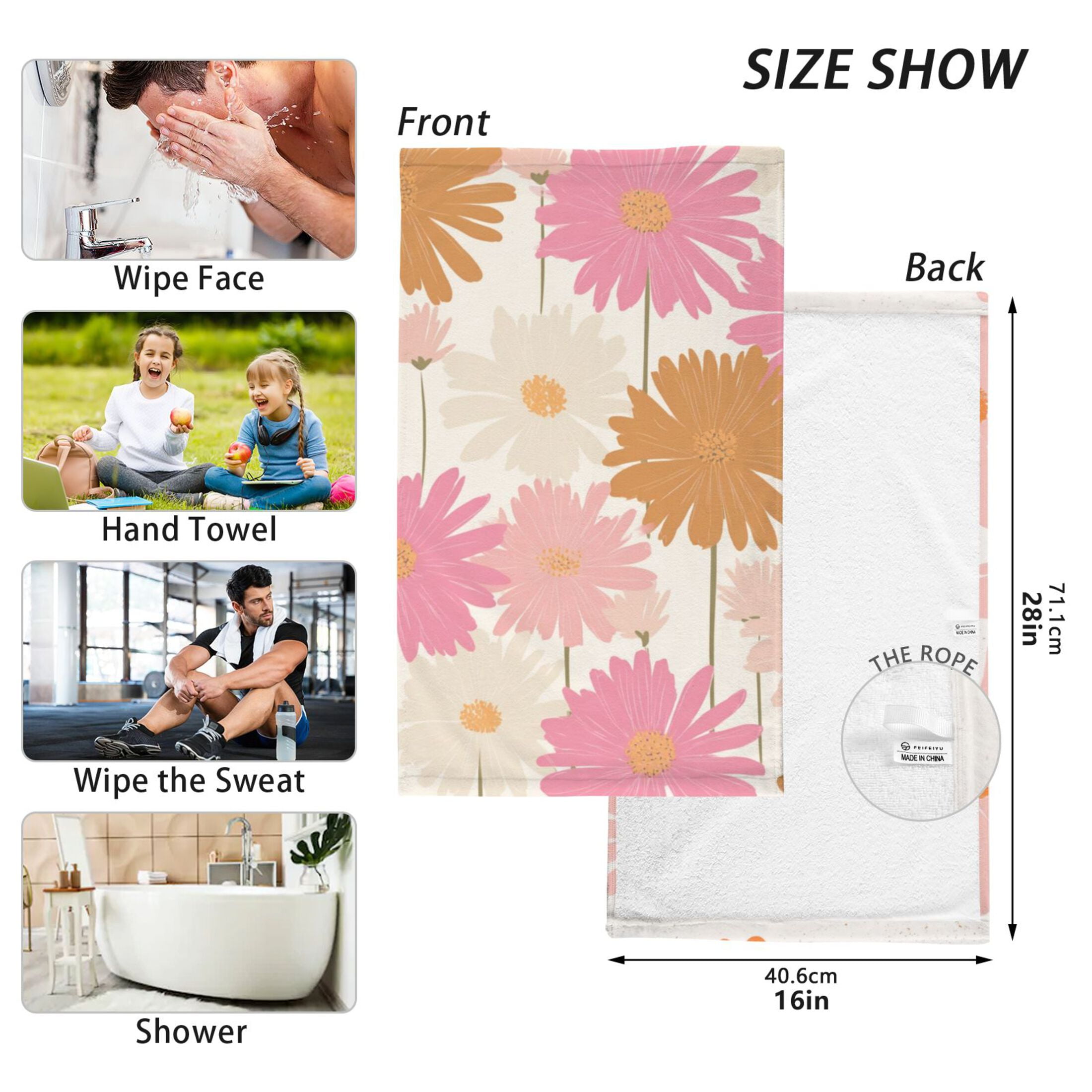 2-Pack Soft 100% Cotton & Highly Absorbent Bath Towel 2 Defferent Pattern Designs Daisies Small Daisies