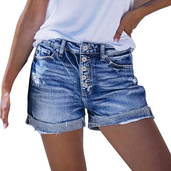 aohooy Jean Shorts for Women Trendy High Waisted Distressed Ripped Stretchy Denim Shorts Fold Hem Summer Casual Shorts 2026 Dark Blue,S
