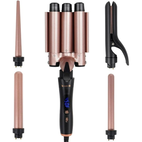 5 in 1 Wand Curling Iron Curling Wand Set with Flat Iron Hair Straightener, 3 Barrels Hair Crimper, 3 Ceramic Curling Irons (0.35"-1.25"), 2 Temps Fast Heat Hair Waver Curler with Glove & Clip