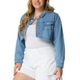 thumbnail image 4 of Unique Bargains Women's Plus Size Washed Notched Lapel Cropped Denim Jacket 1X Light Blue, 4 of 6