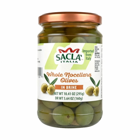 SACLA Whole Nocellara Olives | Italian Green Olives in Brine | 10.41 oz Glass Jar | Sicilian Variety with Buttery Texture & Mild Flavor | Non-GMO Vegan | Imported from Italy