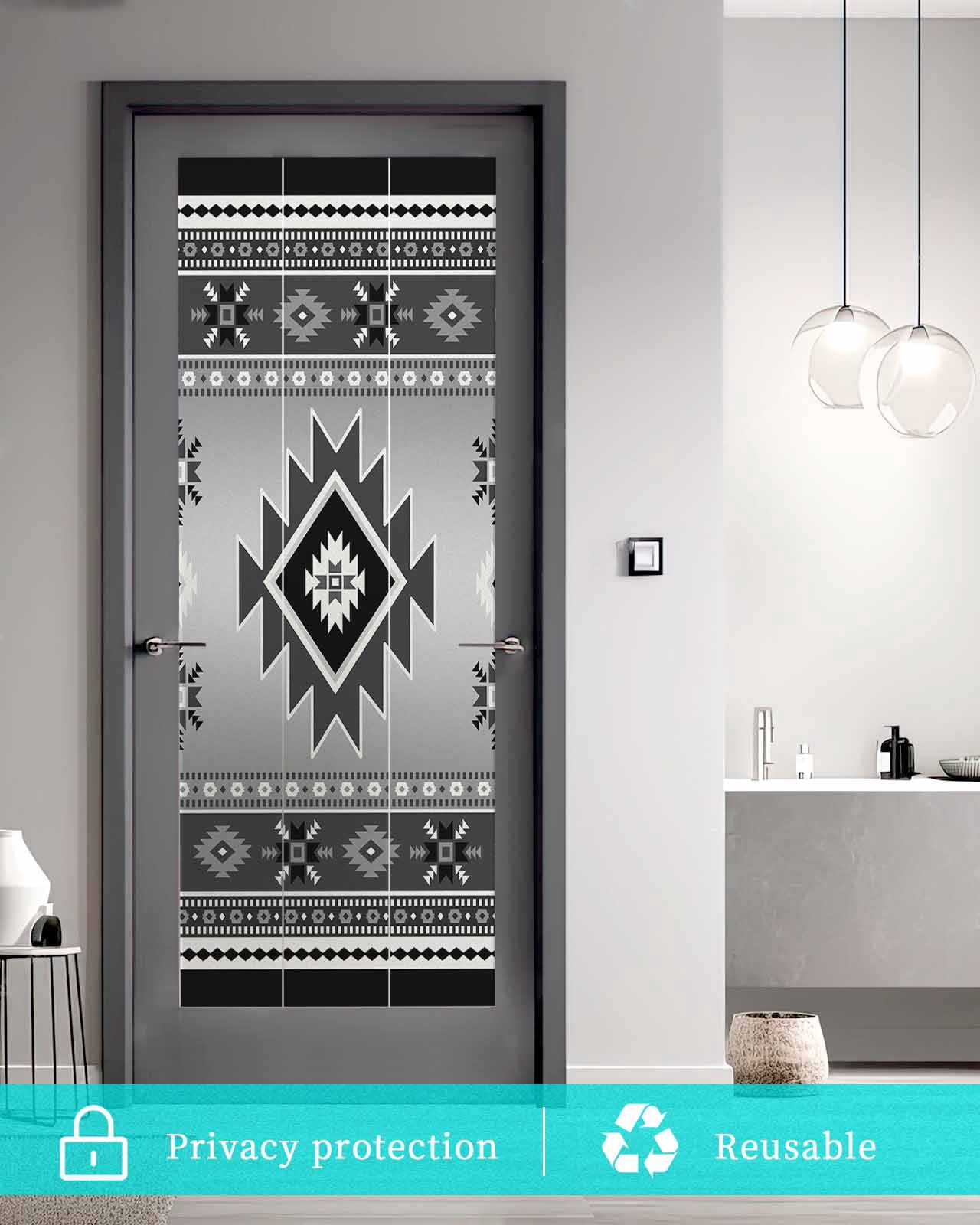 Window Privacy Film Gray Aztec Stained Glass Window Film Decorative Sun Block Window Cover Bohemian Southwest Country Ethnic Art Window Clings Static Adhesive Sticker for Bathroom 17.7"x39.3"