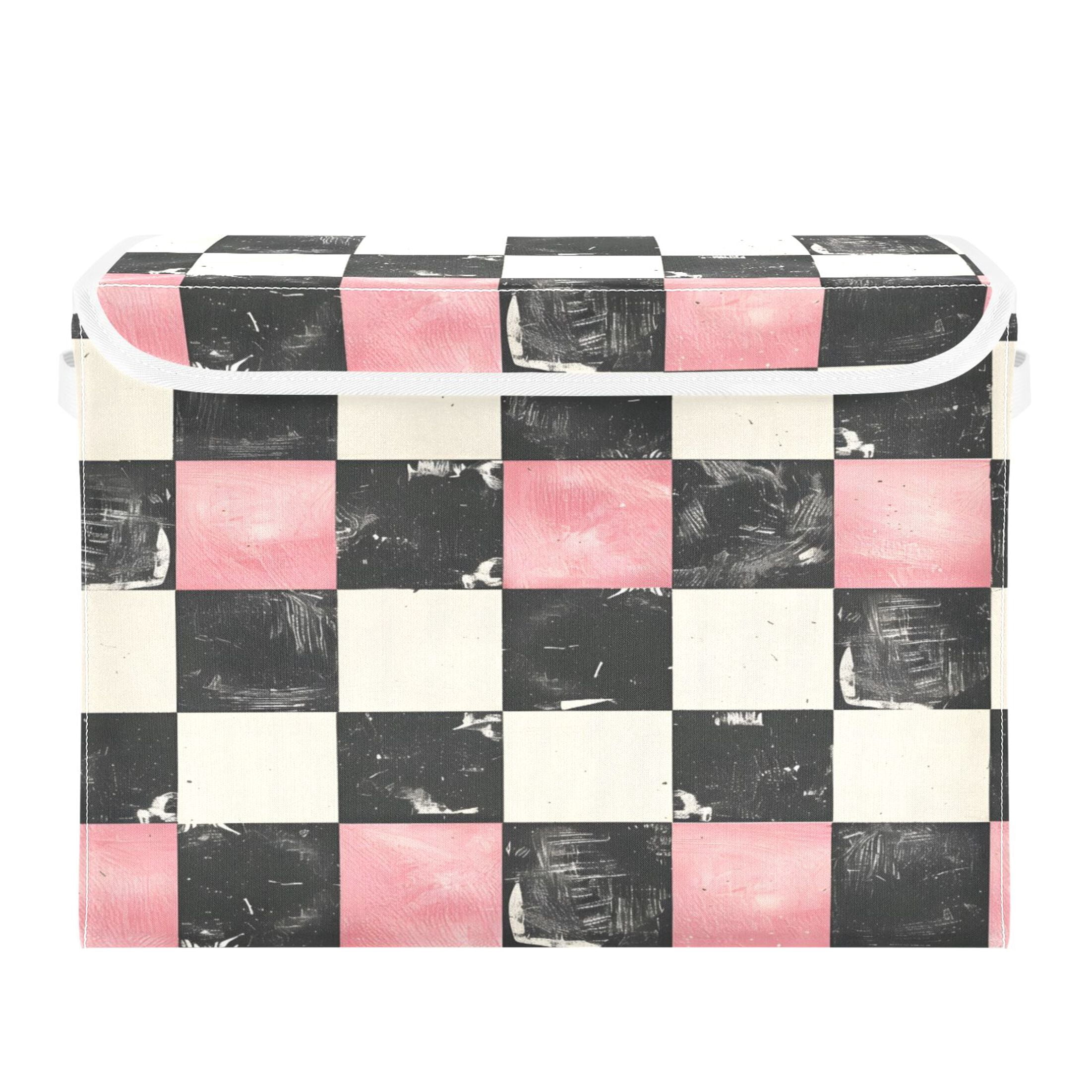 Ryvnso Pink and Black Checkered Pattern Large Lidded Foldable Storage Baskets Cubes Boxes Lids Bin for Home