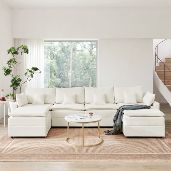 132" Cloud Modular Sectional Sofa, Deep Seat U Shaped Couch with Ottoman, Chenille Upholstered Sofa with Chaise, Plush Cushions, 6 Seat Modern Comfy Couch for Living Room & Apartment