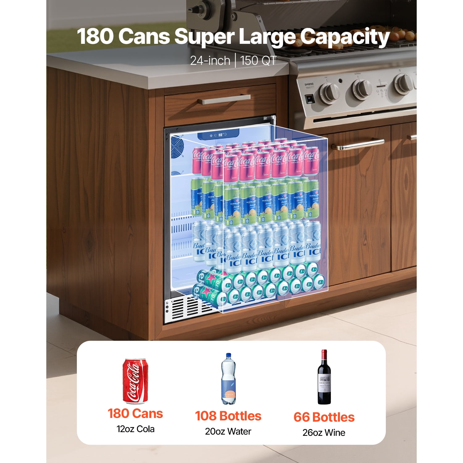 KFFKFF 24 Inch Under Counter Refrigerator, 180 Cans Beverage Refrigerator for Patio & Kitchen, Beverage Cooler for Home & Commercial Use