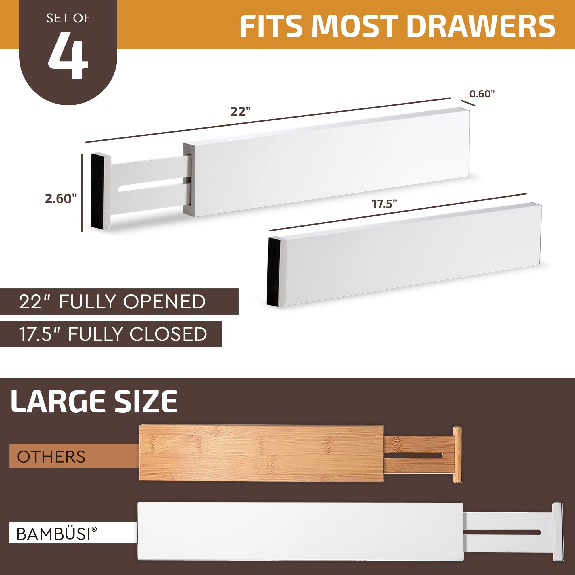 Rok 17 (432mm) to 22 (559mm) Expandable Bamboo Drawer Dividers for Kitchen,  Bedroom, Bathroom, and Office Cabinets, Mocha Finish 4-pack