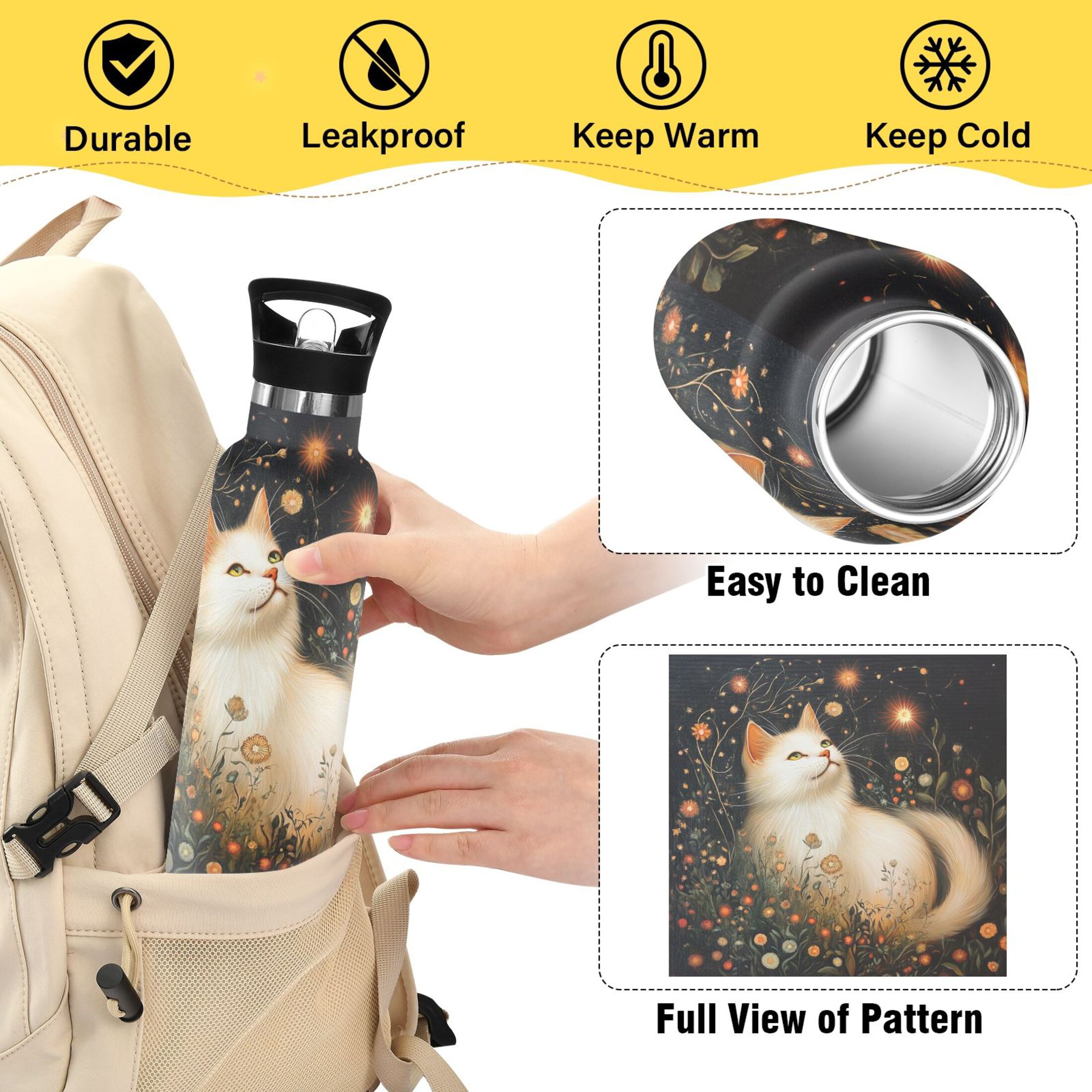 600ML Stainless Steel Insulated Cup Sports Water Bottle Portable Thermos Cup Water Glasses Insulated Tumblers Convenient and Durable Magic White Cat