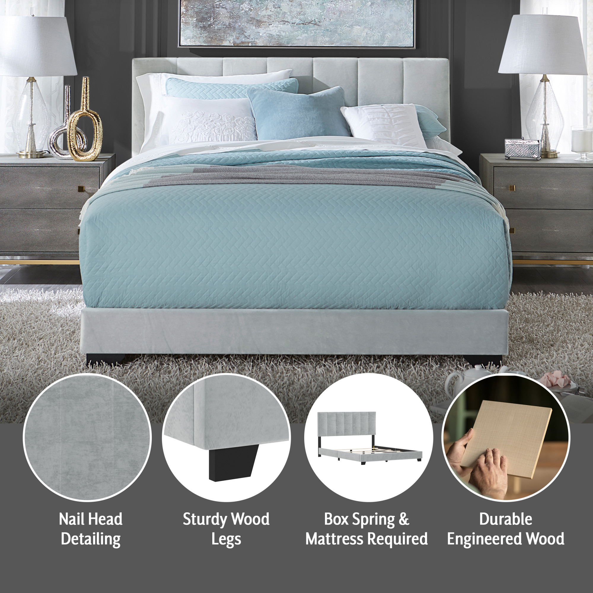 Reece Channel Stitched Upholstered Queen Bed, Platinum Gray, by Hillsdale Living Essentials - image 5 of 14