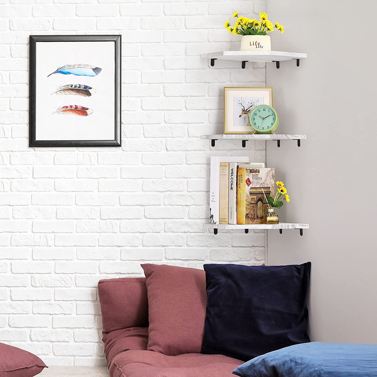 Set of 3 Floating Corner Shelves, White-Gray Wall Mounted Wood Shelves