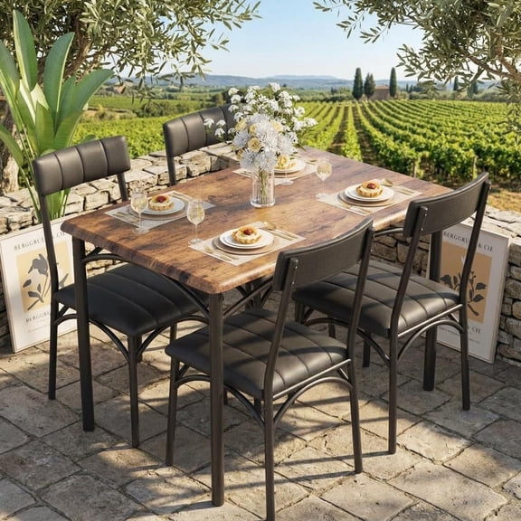 5 Piece Dining Table Set for 4, Rectangular Kitchen Table with 4 Chairs, Space Saving Metal Frame Dining Set for Apartment or Small Dining Room,Brown