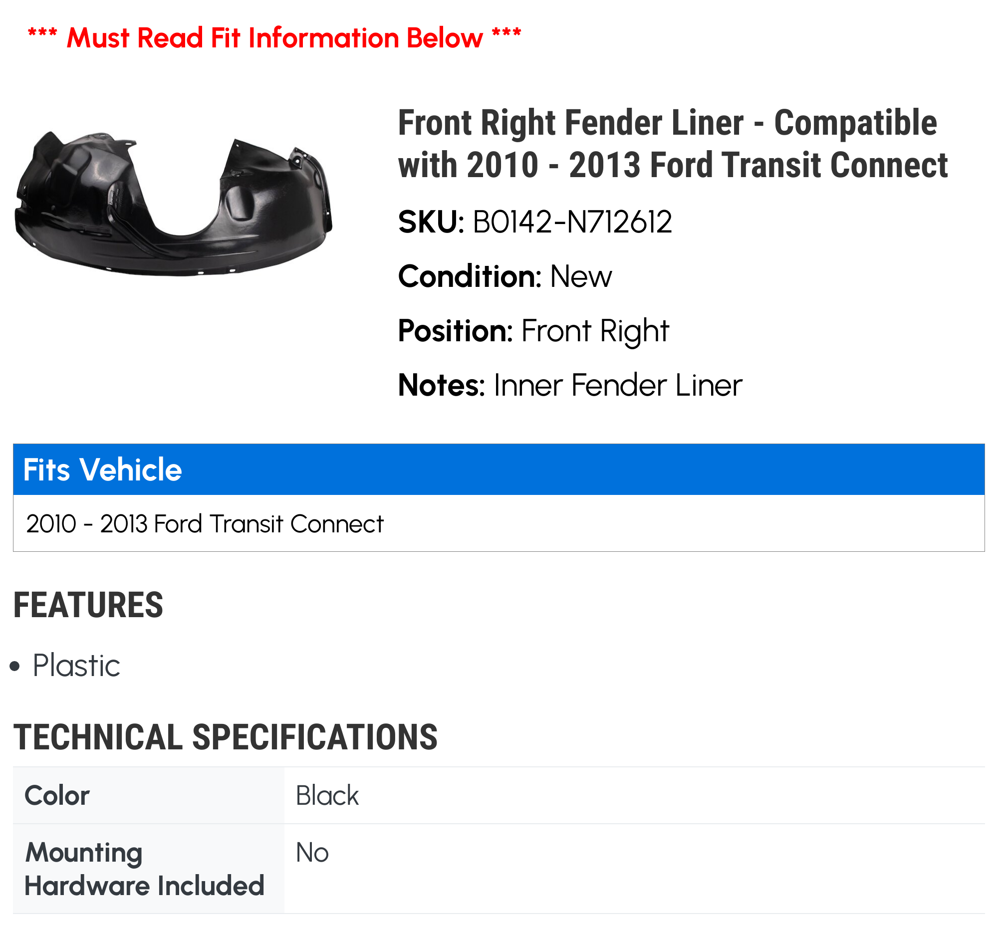 AM Autoparts Front Right Inner Fender Liner For 2010-2013 Ford Transit Connect Black Plastic