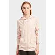 247 Frenzy Women's Active Essentials Sofra Cottonbell Full Zip Drawstring Cotton Hoodie with Front Pouch Pockets - Blush