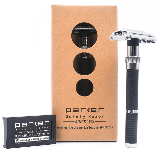 Parker 96R - Long Handle Butterfly Open Double Edge Safety Razor with a textured black and chrome handle, shown alongside its packaging and a pack of 5 Parker Premium DE blades. The razor features a twist-to-open mechanism for easy blade replacement and a nickel-plated head for durability. Ideal for both new and experienced wet shavers.