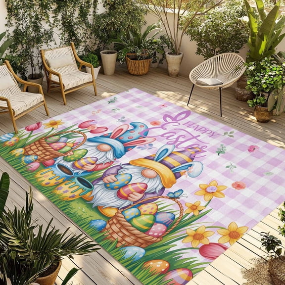 Easter Gnomes Bunnies Outdoor Rug for Patio/Deck/Porch, Non-Slip Large Area Rug 3 x 5 Ft, Spring Easter Eggs Floral Purple Plaid Indoor Outdoor Rugs Washable Area Rugs, Camping Rug Carpet Runner