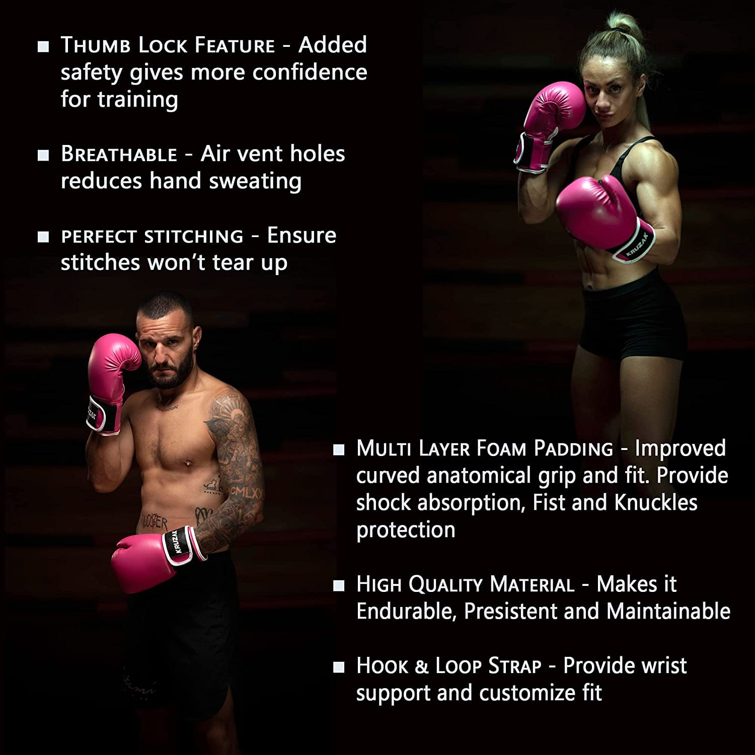 Kruzak Plain Boxing Gloves for Training, Sparring, Kickboxing, Muay Thai and Fighting (Pink, 10 oz)