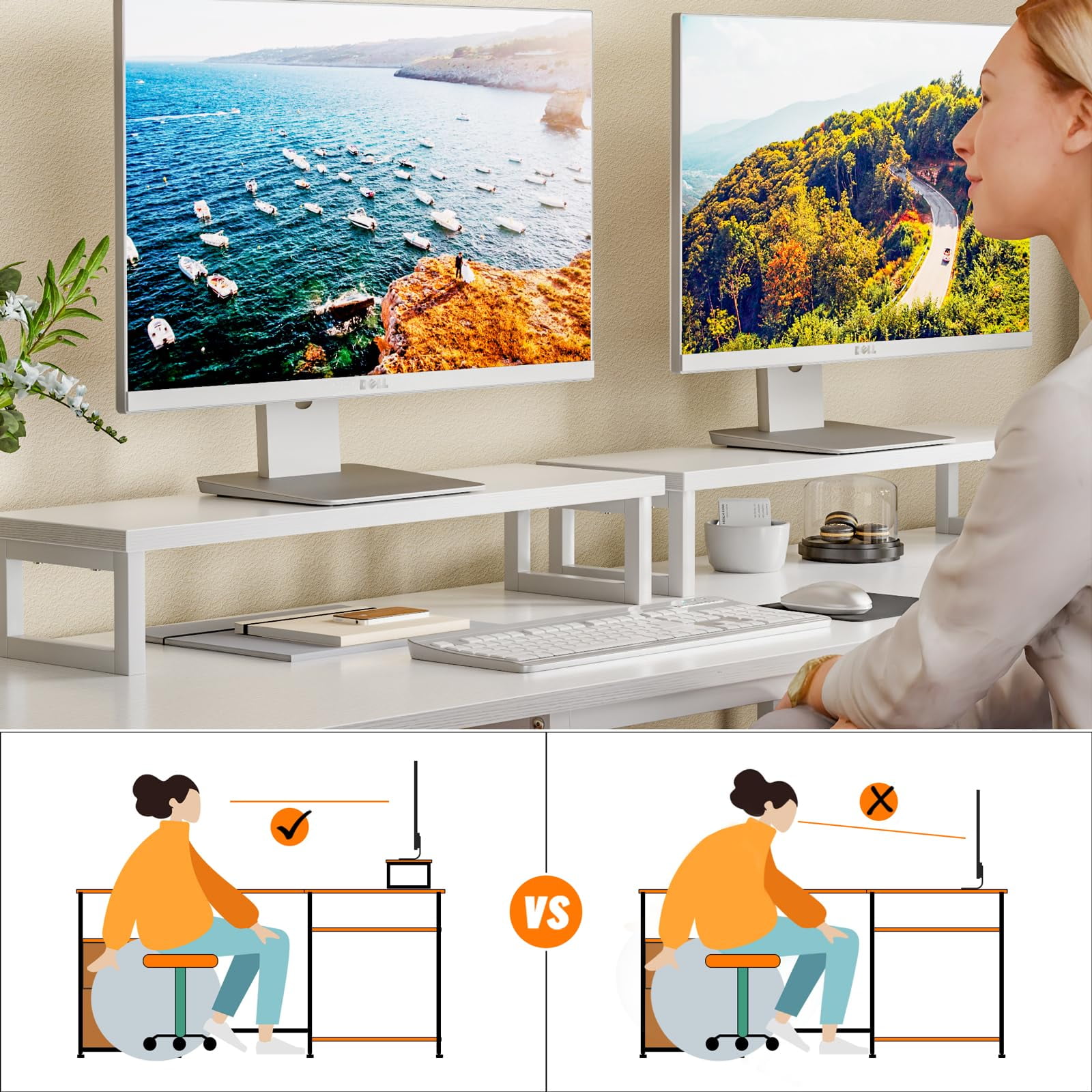 Furologee White 59” L Shaped Desk with Power Outlet, Reversible Computer Desk with File Drawer & 2 Monitor Stands, Corner Home Office Table with Storage Shelves for Gaming Writing