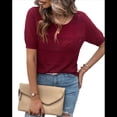 thumbnail image 2 of Suéter de Corta para Mujer, Blusa Informal de Cuello Redondo de Punto Acanalado con Ojales, -Verano 2025. Vino Tinto XL, 2 of 10
