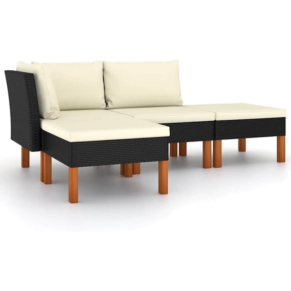 7 Piece Patio Lounge Set with Poly Rattan and Eucalyptus Wood Frame, Gray Cushioned Sofa Set for Outdoor Relaxation