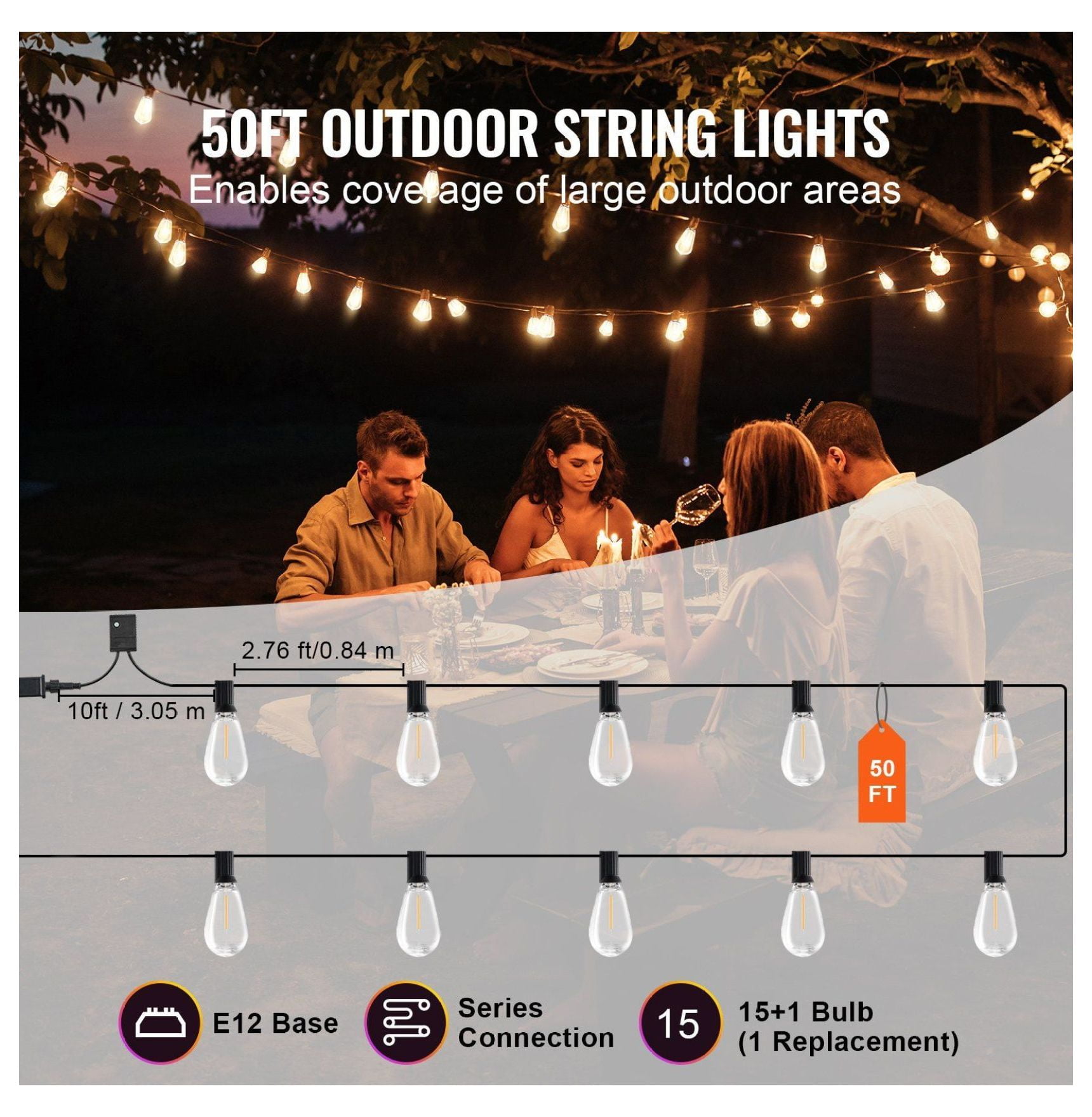 50FT LED String Lights Outdoor, 15 Bulbs Waterproof Patio Lights - S14 Shatterproof - Warm White 2700K for Garden, Porch, Party Decor