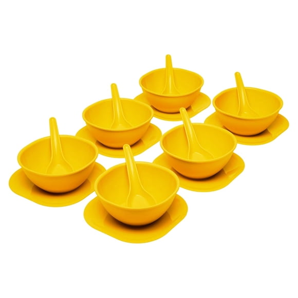 Polycarbonate Round Shape Soup Bowl Set Of 18 Pcs - 400ml Each, Yellow | 6 Bowls+ 6 Spoons+ 6 Dishes - Microwave Safe For Home & Office Use | BPA Free, Dishwasher Safe, Food Grade, Freezer Safe