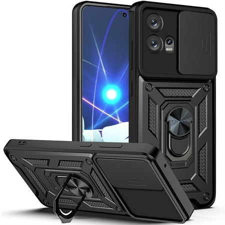 CCSmaller for Motorola Edge 30 Fusion Case with Slide Camera Cover for Men, Military Grade Drop Protective Phone Cover Case with Ring Kickstand for Motorola Edge 30 Fusion SJ Black