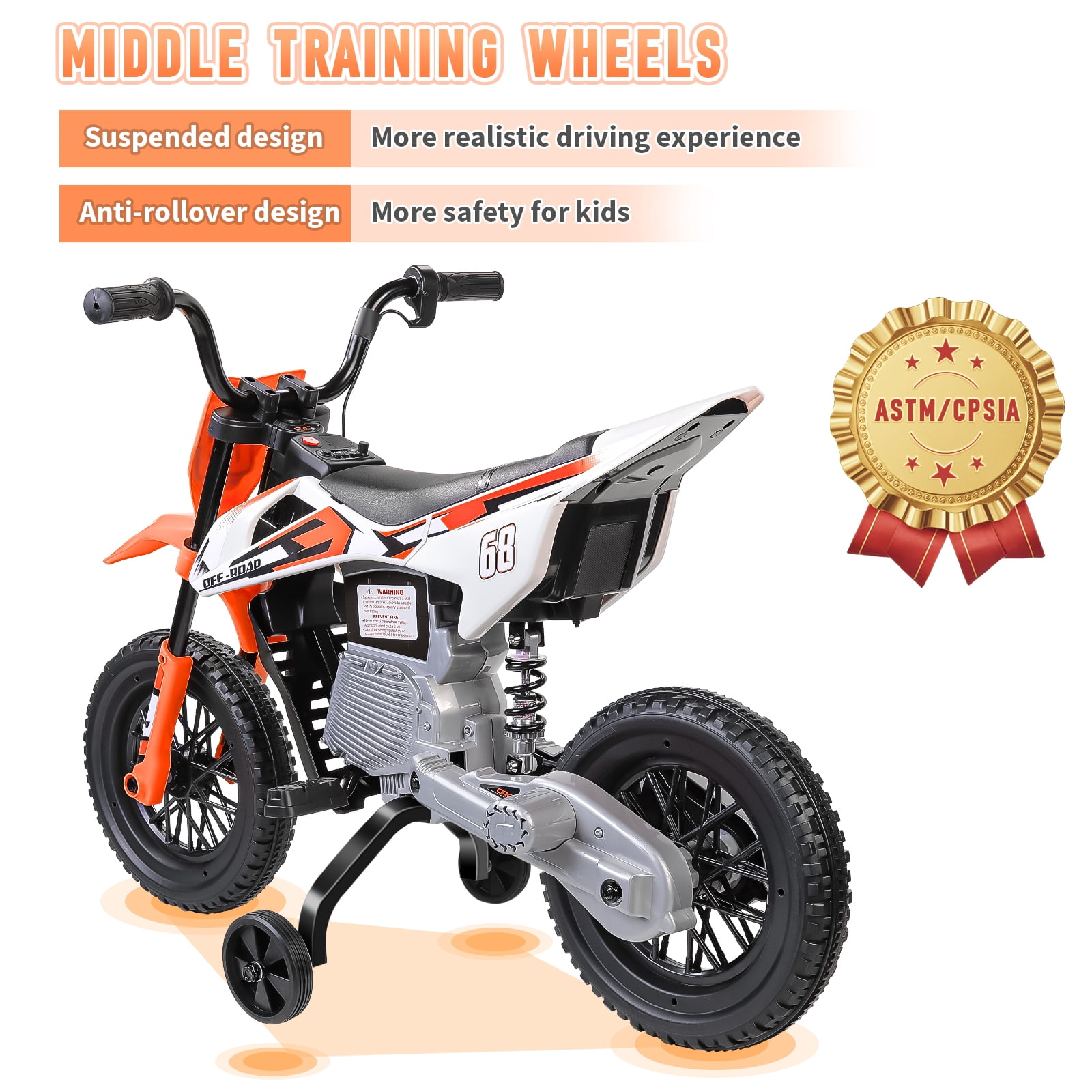 Farmdex 12V Ride on Dirt Bike for Kids, Ride on Motorcycle with 2 Training Wheels, Electric Motorcycle with Twist Grip Throttle, Built-in Music, 30W*2 Motors, Orange