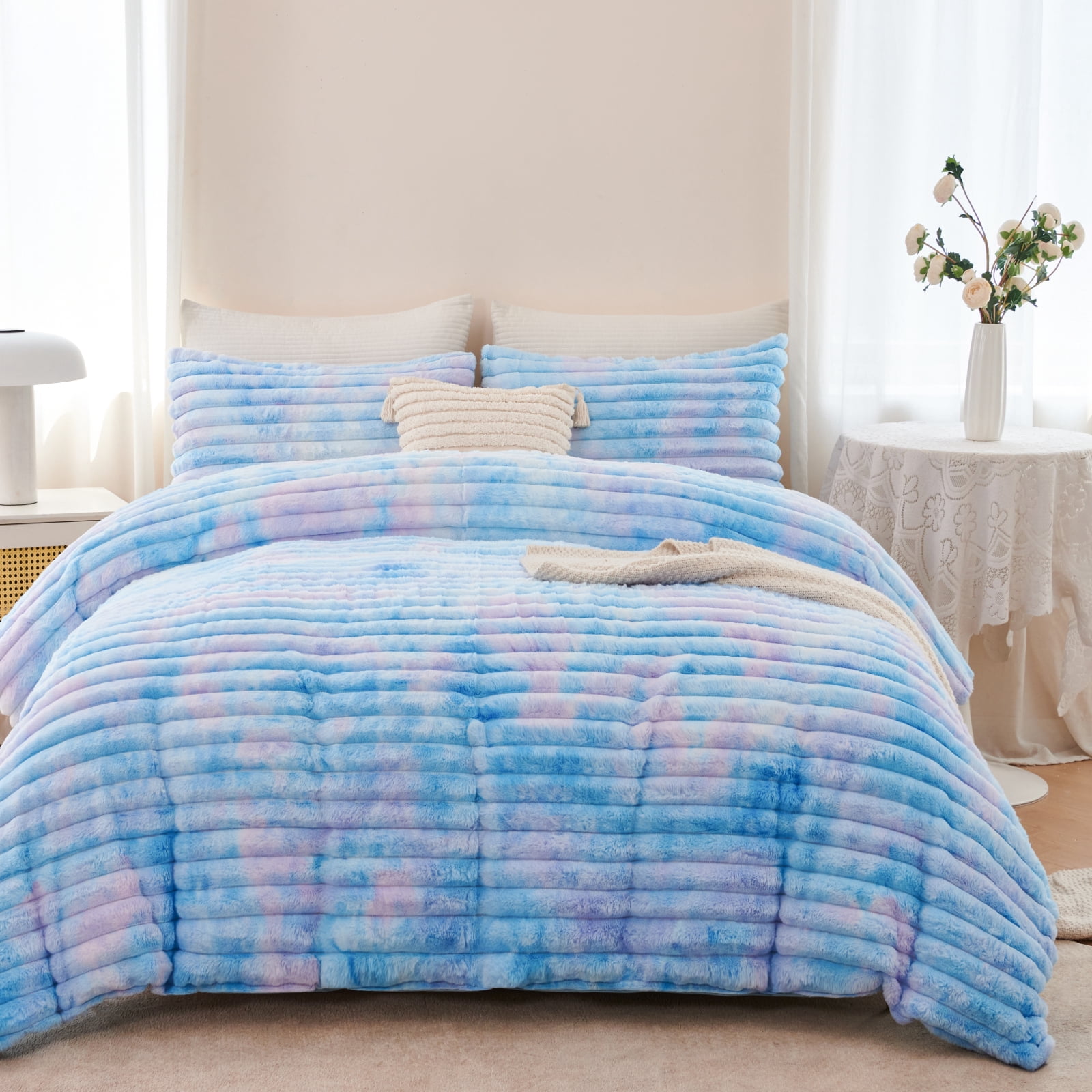 ZRNBAST Fluffy Twin Comforter Set, Tie-dye Pink Blue Plush Fleece Bedding Sets, Super Soft Faux Fur Bed Set with Zipper, Luxury Fuzzy Comforter with 2 Pillowcases(Pink Blue,Twin)