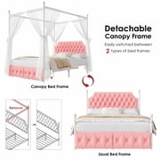 Homfa Full Bed Frame with 2 Drawer, Canopy Bed Frame with Storage & Upholstered Headboard for Bedroom, Curtain Not Included, Pink