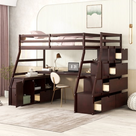 FFZ 95"L Twin Loft Bed with 7 Drawers, 2 Shelves and Desk, Espresso