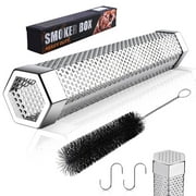KUYOU Pellet Smoker Tube, 12" Stainless Steel BBQ Tube Smoker Hexagon 5 Hours of Billowing Smoke with Clean Brush and 2Pcs Hooks for Cold/Hot Smoking