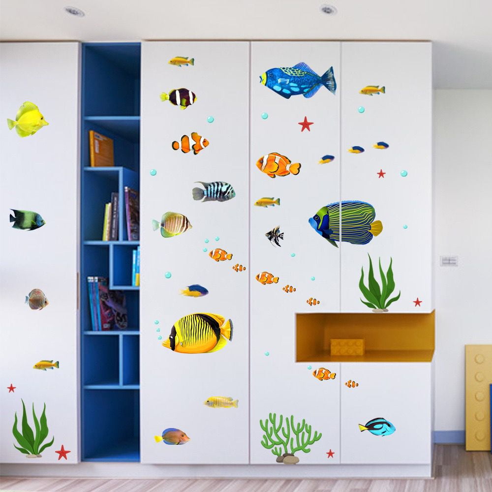 Fish Wall Stickers Under The Sea Decorative Wall Decals Coral Reef Fish Wall Stickers Peel and Stick Starfish Wall Art Sticker Decals for Kids Nursery Bedroom Living Room