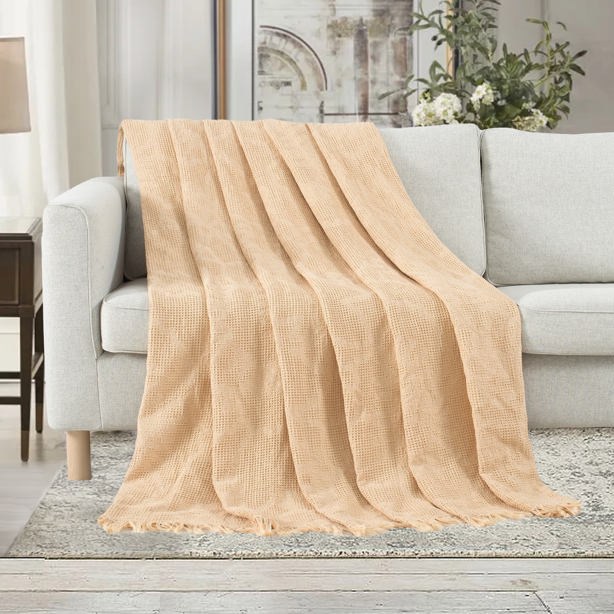 VERAMUSE 100% Cotton Blanket for Bed Beige 90"x90" Queen Size Breathable Thin Blankets for Summer