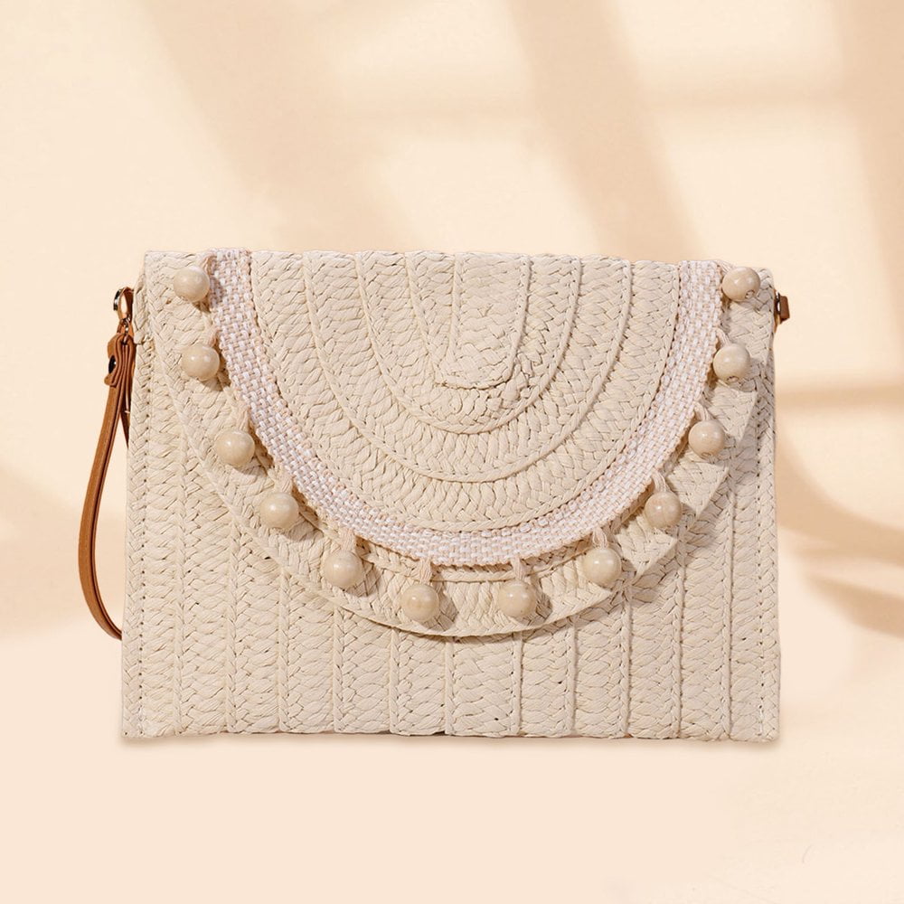 Women Envelope Wallet Detachable Shoulder Strap Clutch Boho Chic Straw Shoulder Bag with Beads Spacious Crossbody Wallet