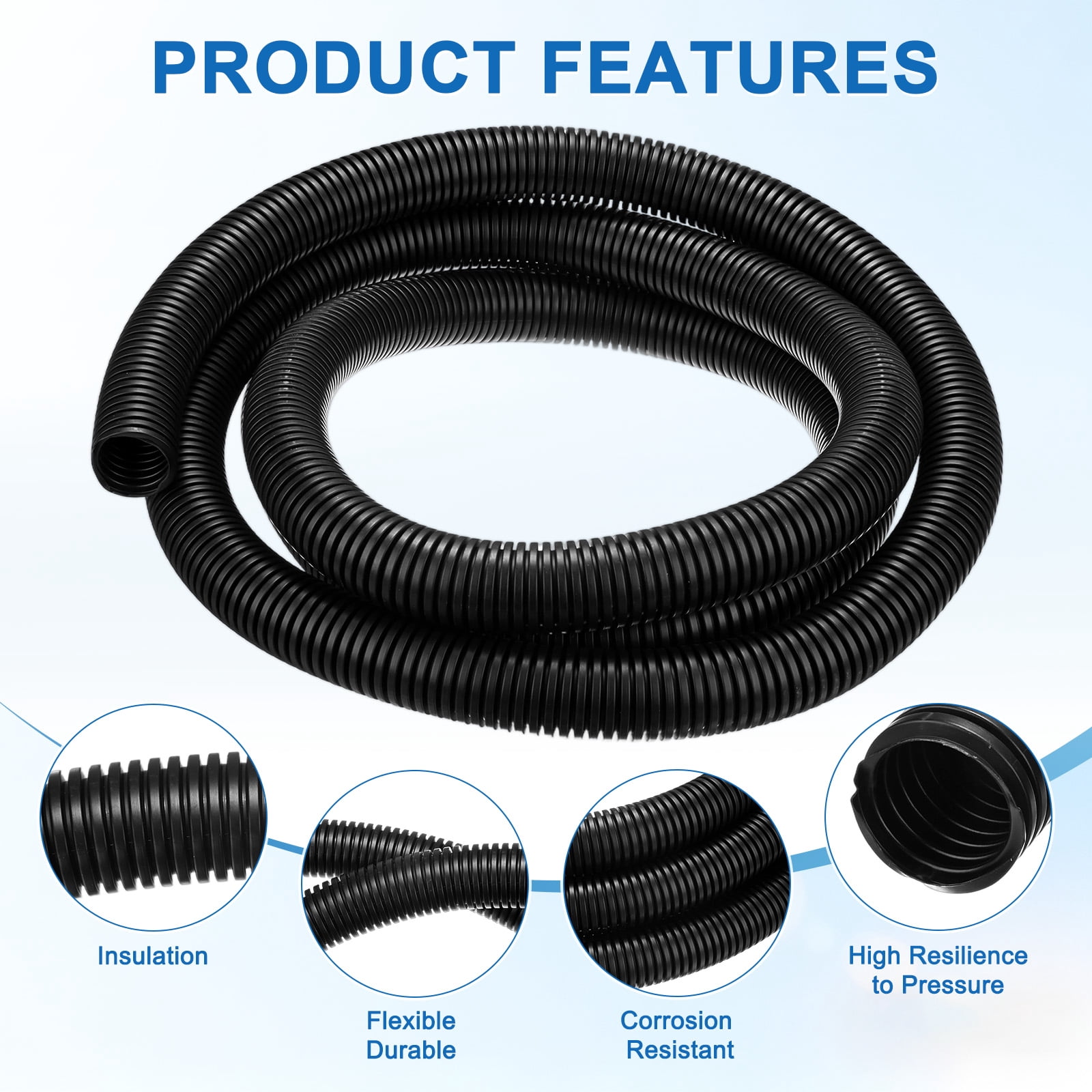 Uxcell 1" ID Pond Tubing, 10ft Corrugated Flexible Reinforced PP Hose Pipe Pump Tube for Garden Ponds/Waterfall Sump Pump Hose [Black]