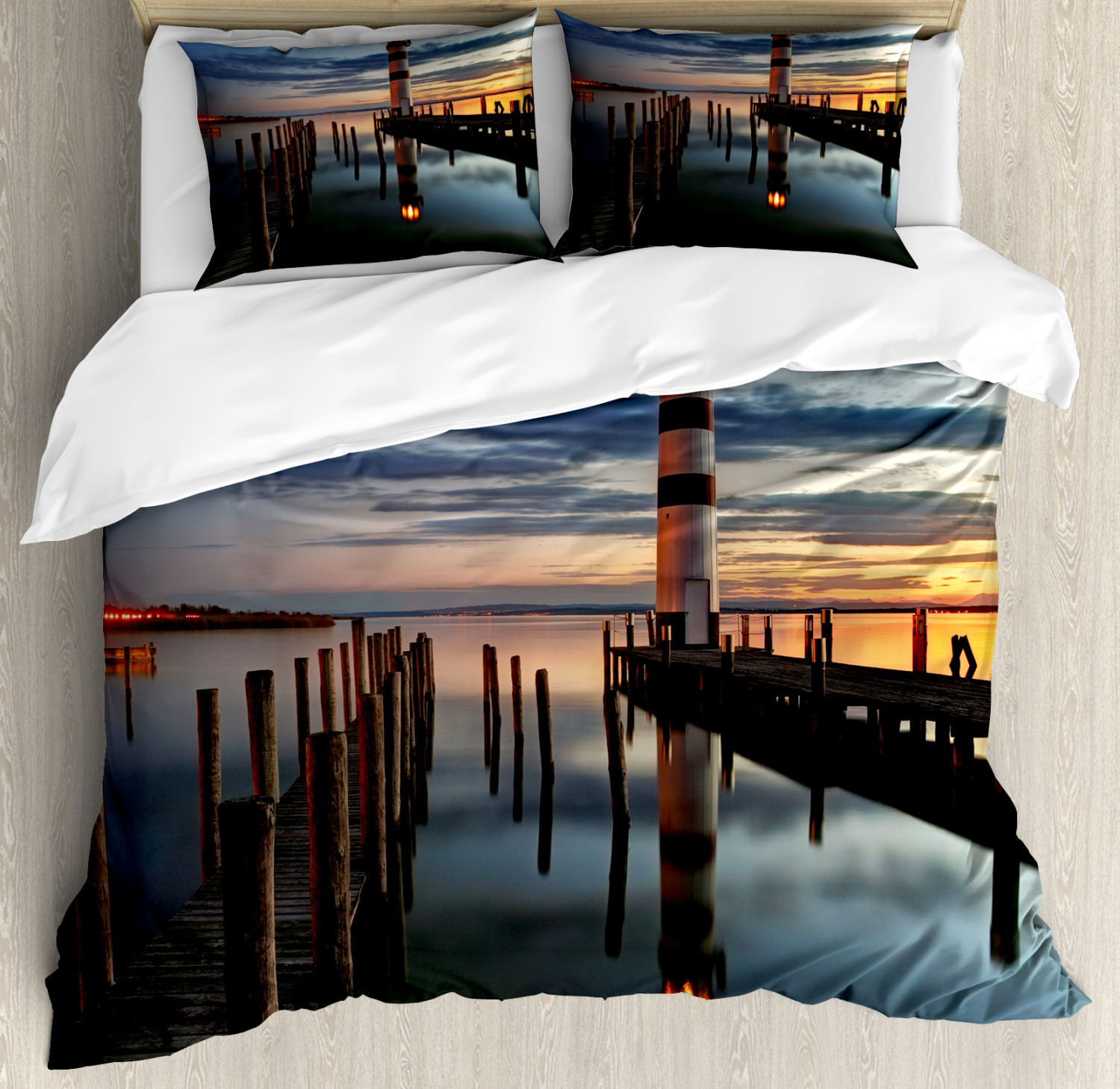Lighthouse Duvet Cover Set, Calm Dusk at Bay Lighthouse and Wooden Boardwalk Reflections on