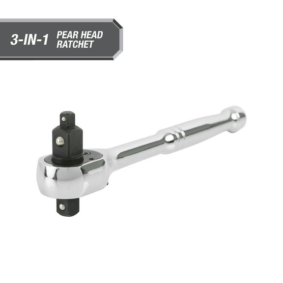 Hyper Tough 3-in-1 Quick Release Standard Steel Chrome Pear Head Ratchet Wrench, 1/4", 3/8", & 1/2" Drives in One