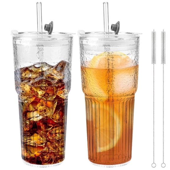 2 Piece 20 oz Glass Cups with Lid and Straw,High Borosilicate Tumbler,  Iced Coffee Cup, Beer Glasses,Water Smoothie,Clear