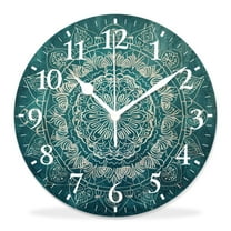 10 Inch Wall Clock Battery Operated Silent Clock Decorative for Office, Kitchen, Outdoor, Living Room，Teal Mandala Pattern Boho Style Floral Dots and Stripes Fantastic