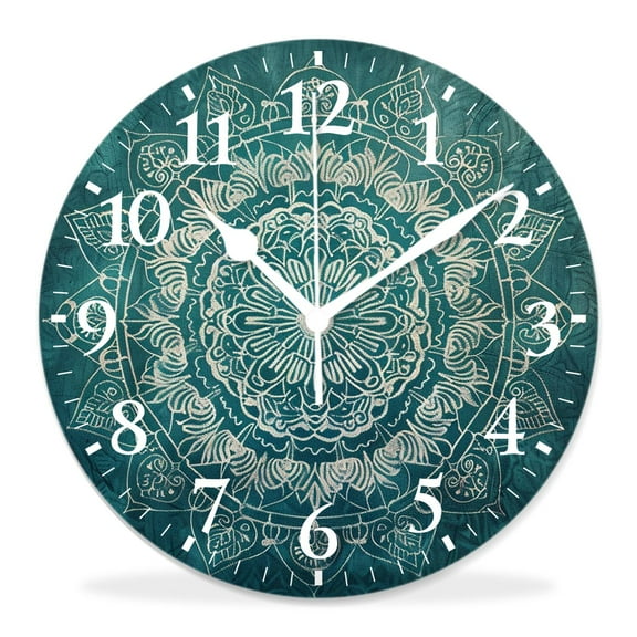 10 Inch Wall Clock Battery Operated Silent Clock Decorative for Office, Kitchen, Outdoor, Living Room，Teal Mandala Pattern Boho Style Floral Dots and Stripes Fantastic