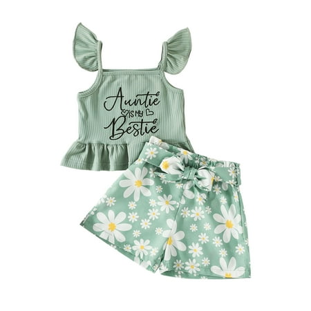 

Toddler Girls Sleeveles Ribbed Letter Printed T Shirt Vest Tops Floral Printed Shorts Outfits Size 6 Months-4 Years