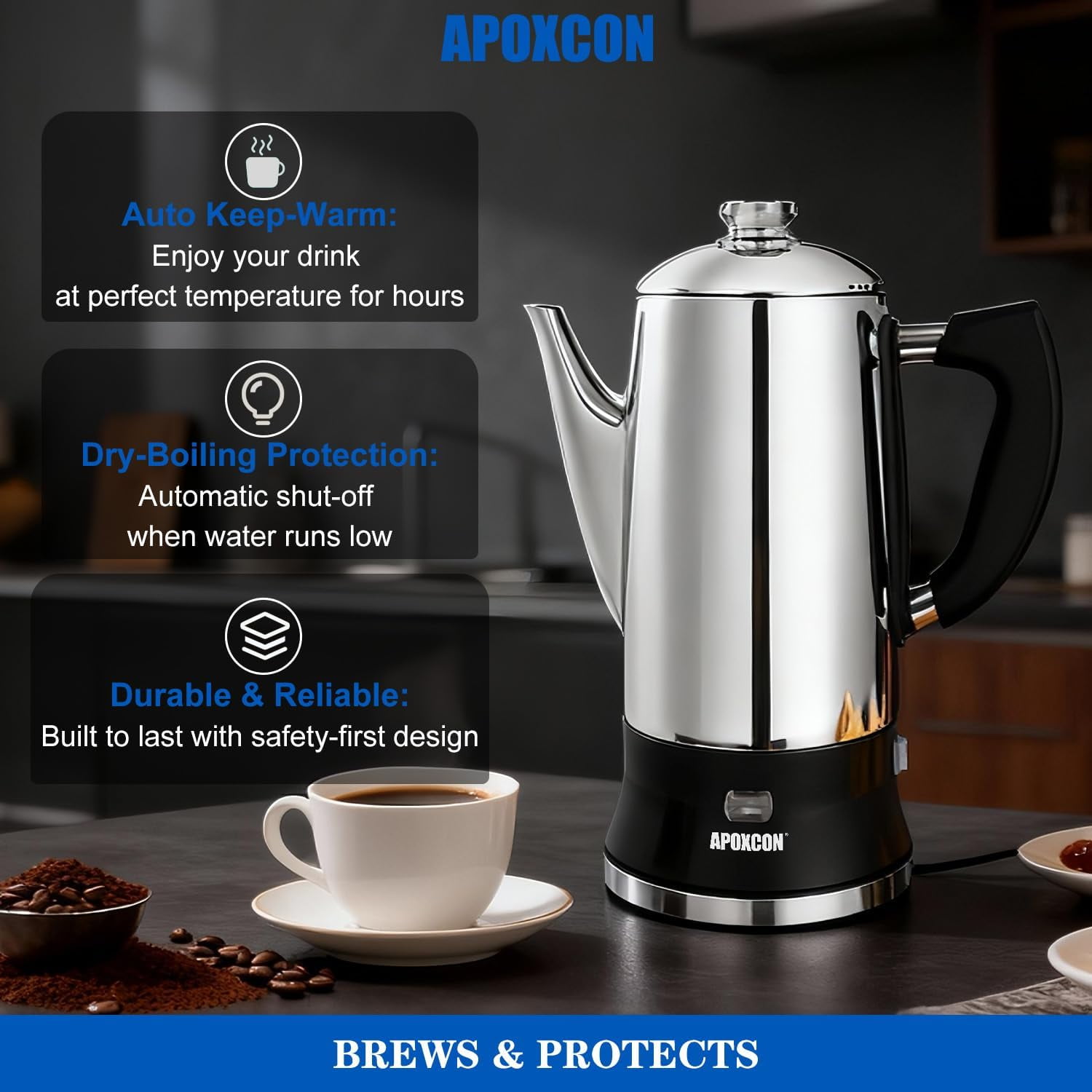 Electric Coffee Percolator Stainless Steel Coffee Maker with Clear Brew Progress Tough Glass Knob and On/OFF Switch Classic Coffee Pot with Keep Warm & Cordless Serve No Aluminum (12 Cup)